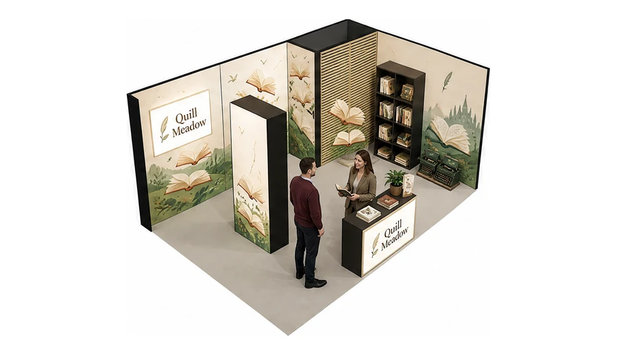 Stoisko 6 × 4 m narożne prawe dla branży wydawnictwa, przykładowa marka Quill Meadow