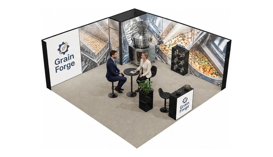 Stoisko 6 × 6 m narożne prawe dla branży technologie spożywcze, przykładowa marka Grain Forge