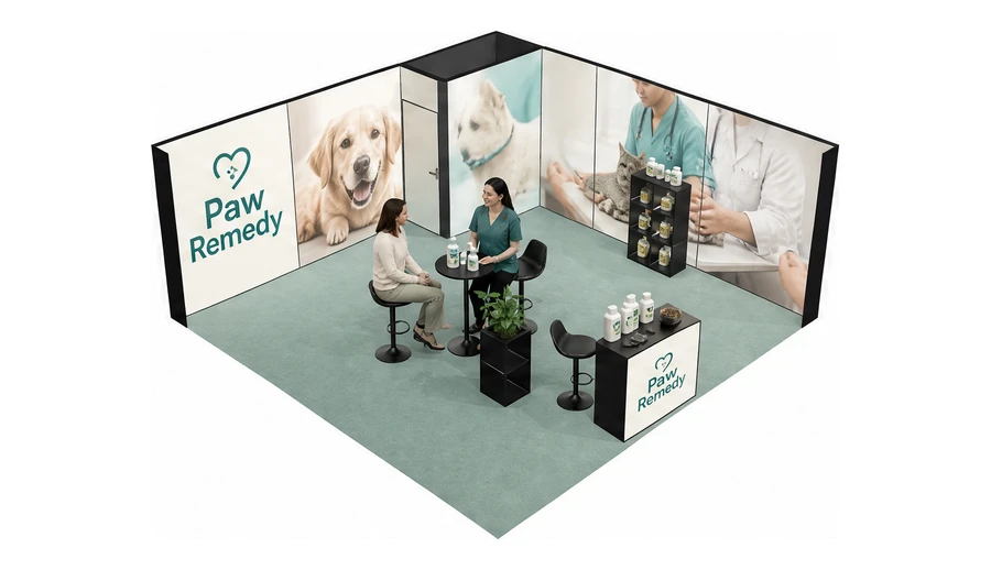 Stoisko 6 × 6 m narożne prawe dla branży weterynaria, przykładowa marka Paw Remedy
