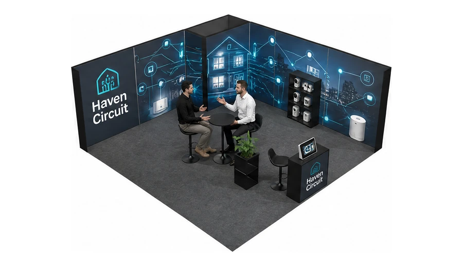Stoisko 6 × 6 m narożne prawe dla branży smart home i IoT, przykładowa marka Haven Circuit