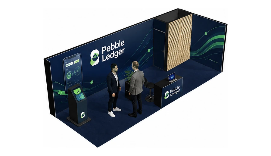 Stoisko 8 × 3 m narożne prawe dla branży płatności online, przykładowa marka Pebble Ledger
