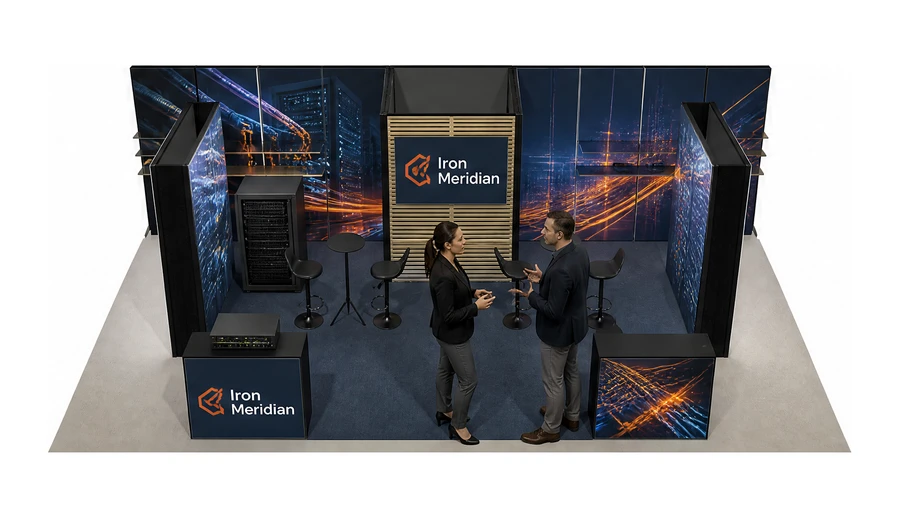 Stoisko 10 × 5 m półwyspowe dla branży infrastruktura IT i data center, przykładowa marka Iron Meridian