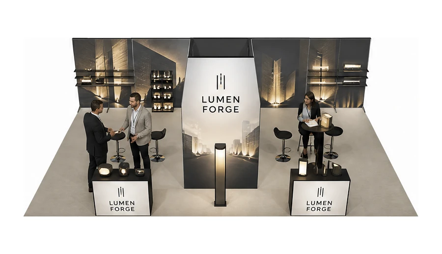 Stoisko 10 × 6 m półwyspowe dla branży oświetlenie, przykładowa marka Lumen Forge