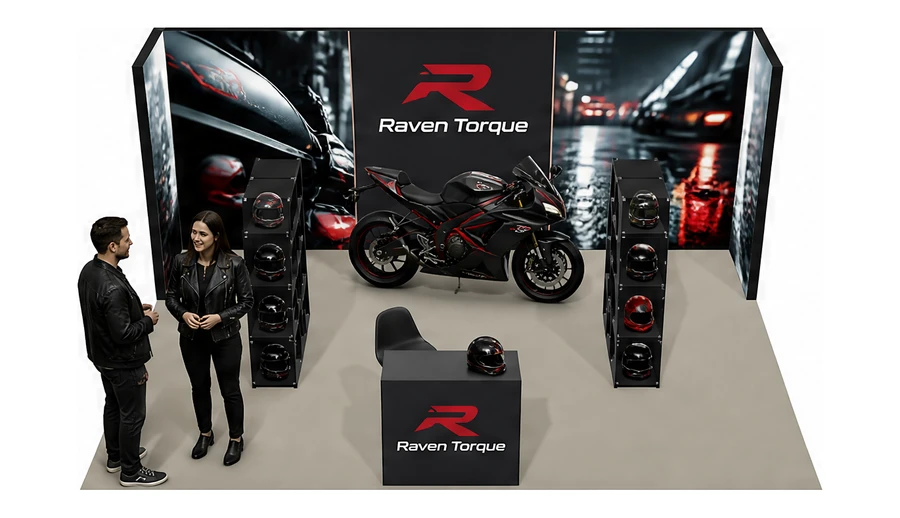 Stoisko 6 × 4 m półwyspowe dla branży motocykle i skutery, przykładowa marka Raven Torque