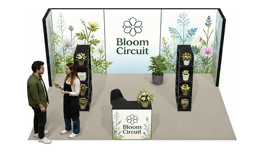 Stoisko 6 × 4 m półwyspowe dla branży rośliny i kwiaciarstwo, przykładowa marka Bloom Circuit
