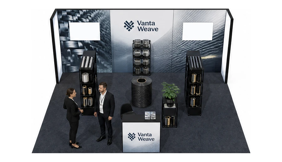 Stoisko 6 × 5 m półwyspowe dla branży materiały kompozytowe, przykładowa marka Vanta Weave