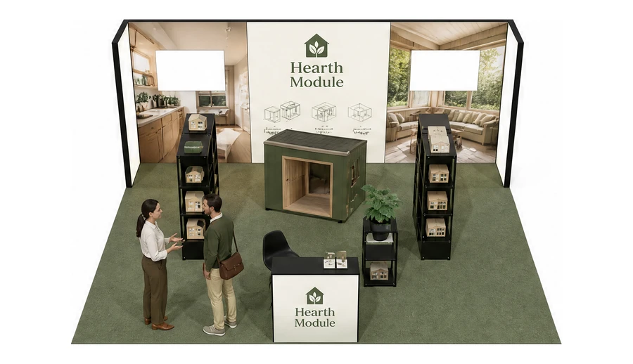 Stoisko 6 × 5 m półwyspowe dla branży domy modułowe i prefabrykacja, przykładowa marka Hearth Module
