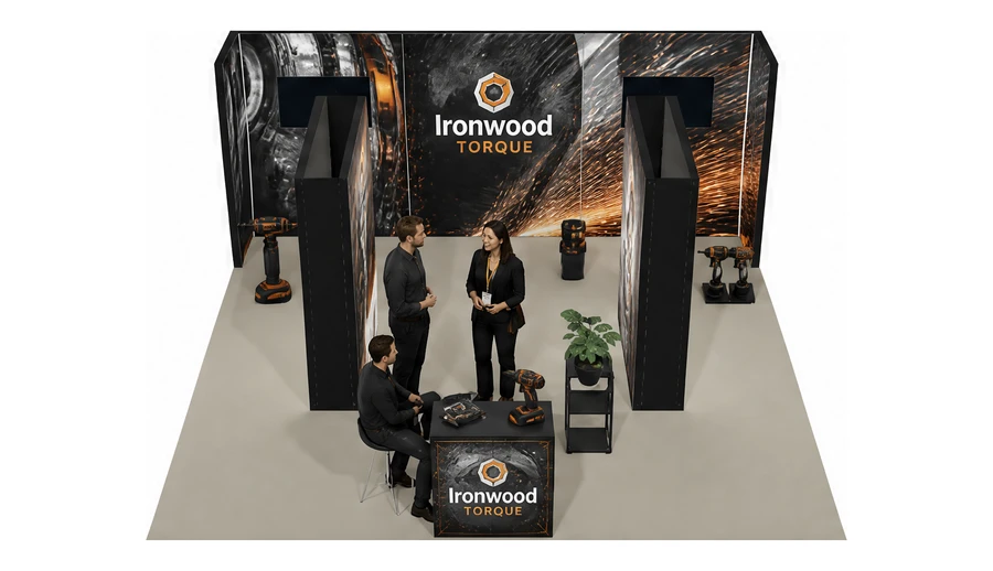 Stoisko 6 × 6 m półwyspowe dla branży elektronarzędzia, przykładowa marka Ironwood Torque