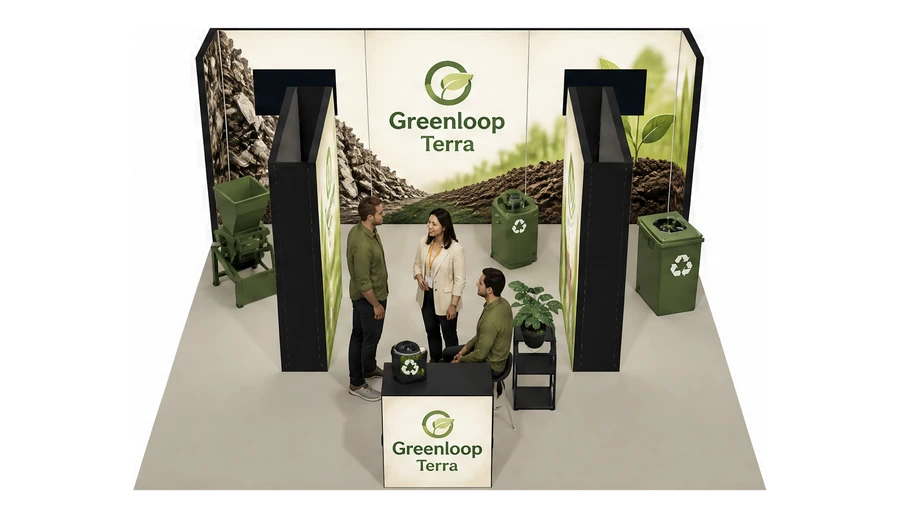 Stoisko 6 × 6 m półwyspowe dla branży recykling i ochrona środowiska, przykładowa marka Greenloop Terra