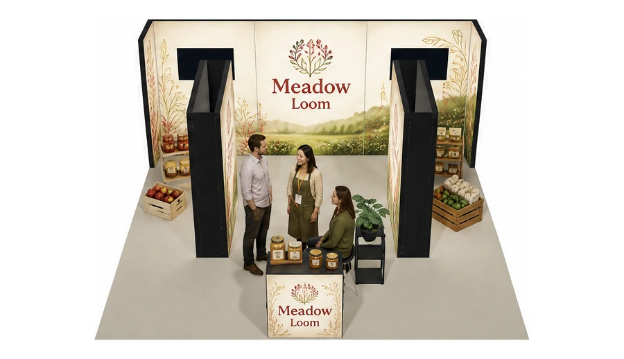 Stoisko 6 × 6 m półwyspowe dla branży żywność ekologiczna, przykładowa marka Meadow Loom