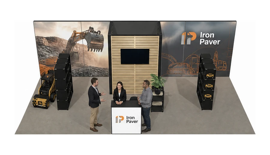 Stoisko 8 × 4 m półwyspowe dla branży maszyny budowlane, przykładowa marka Iron Paver