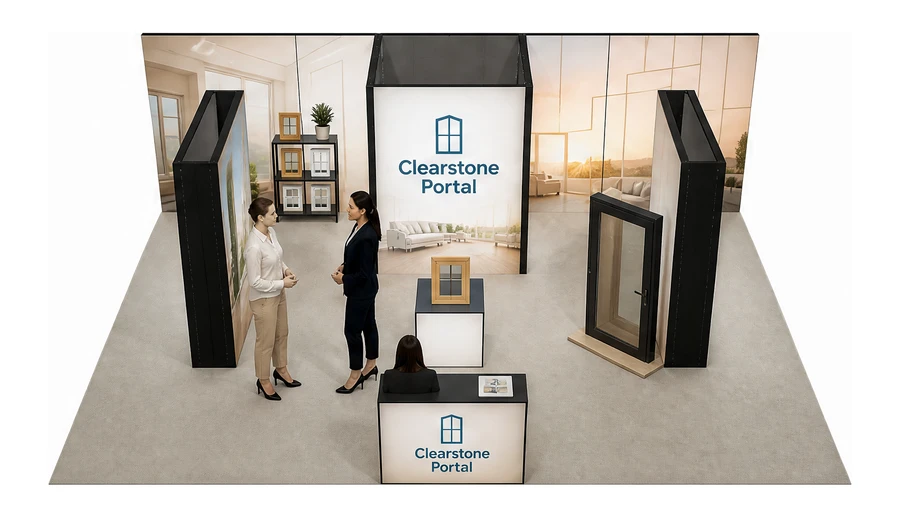 Stoisko 8 × 6 m półwyspowe dla branży okna i drzwi, przykładowa marka Clearstone Portal