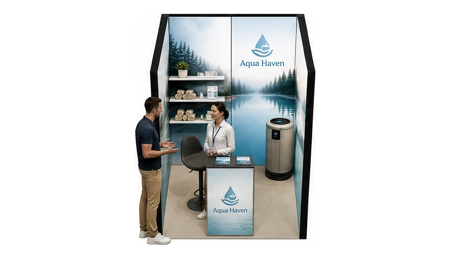 Stoisko 2 × 2 m szeregowe dla branży baseny i sauny, przykładowa marka Aqua Haven