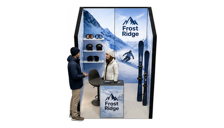 Stoisko 2 × 2 m szeregowe dla branży narciarstwo i sporty zimowe, przykładowa marka Frost Ridge