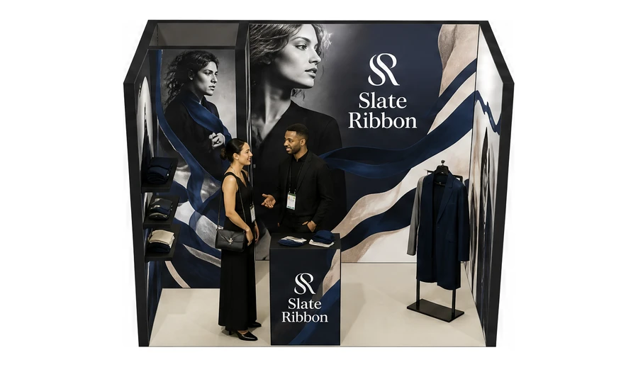Stoisko 3 × 2 m szeregowe dla branży odzież i moda, przykładowa marka Slate Ribbon