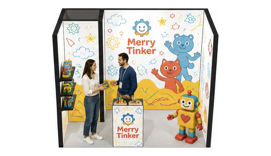 Stoisko 3 × 2 m szeregowe dla branży zabawki i artykuły dziecięce, przykładowa marka Merry Tinker