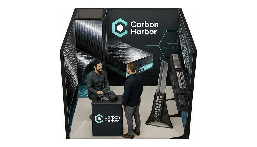 Stoisko 3 × 3 m szeregowe dla branży materiały kompozytowe, przykładowa marka Carbon Harbor
