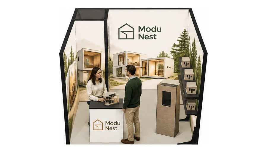Stoisko 3 × 3 m szeregowe dla branży domy modułowe i prefabrykacja, przykładowa marka Modu Nest