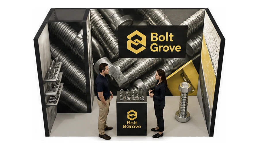 Stoisko 4 × 2 m szeregowe dla branży elementy złączne, przykładowa marka Bolt Grove
