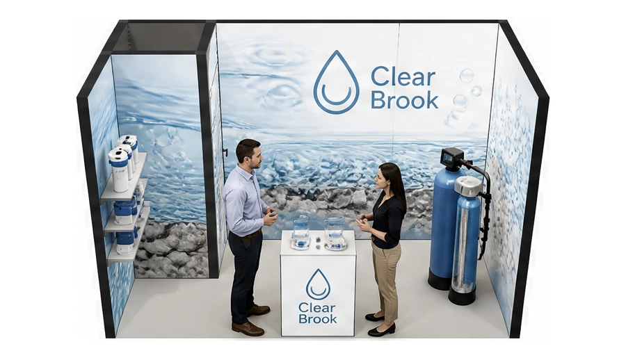 Stoisko 4 × 2 m szeregowe dla branży technologie wodne, przykładowa marka Clear Brook