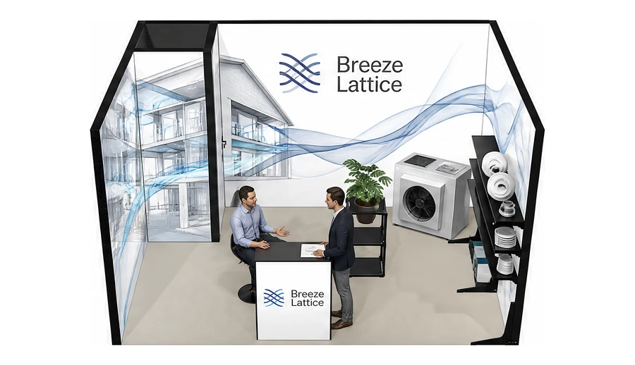 Stoisko 4 × 3 m szeregowe dla branży wentylacja i klimatyzacja, przykładowa marka Breeze Lattice
