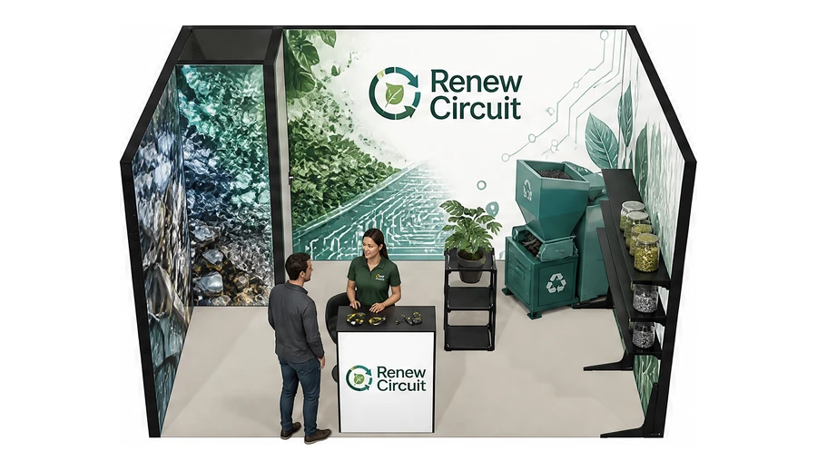 Stoisko 4 × 3 m szeregowe dla branży recykling i ochrona środowiska, przykładowa marka Renew Circuit
