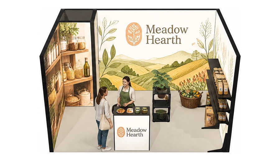 Stoisko 4 × 3 m szeregowe dla branży żywność ekologiczna, przykładowa marka Meadow Hearth