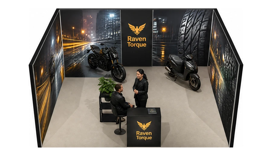 Stoisko 5 × 4 m szeregowe dla branży motocykle i skutery, przykładowa marka Raven Torque