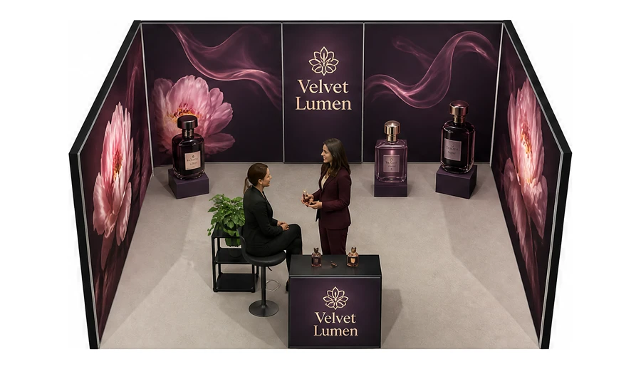Stoisko 5 × 4 m szeregowe dla branży perfumy, przykładowa marka Velvet Lumen