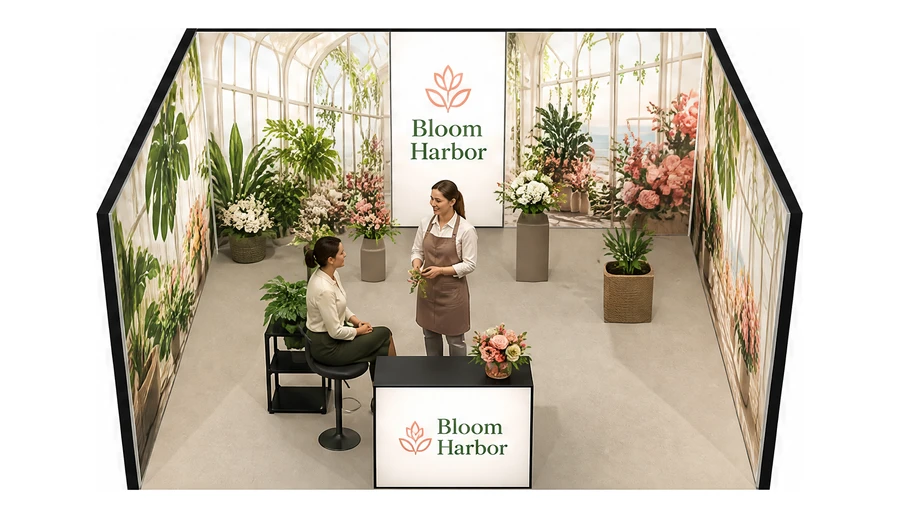 Stoisko 5 × 4 m szeregowe dla branży rośliny i kwiaciarstwo, przykładowa marka Bloom Harbor