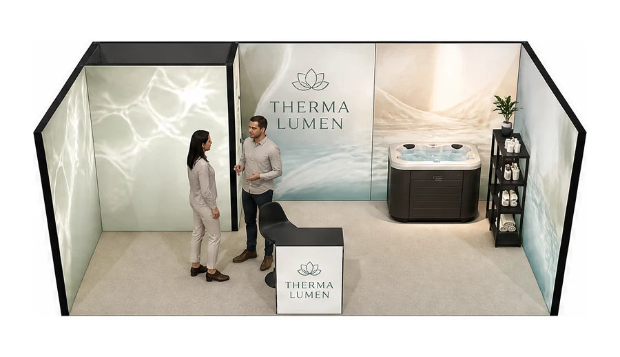 Stoisko 6 × 3 m szeregowe dla branży spa i wellness, przykładowa marka Therma Lumen