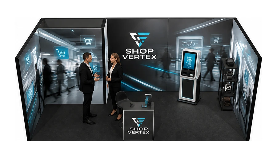 Stoisko 6 × 3 m szeregowe dla branży technologie dla handlu, przykładowa marka Shop Vertex