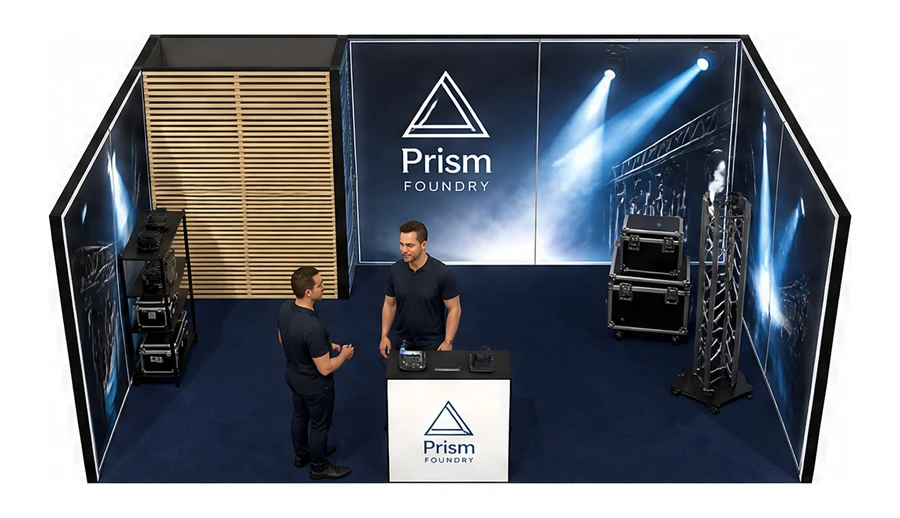 Stoisko 6 × 4 m szeregowe dla branży branża eventowa, przykładowa marka Prism Foundry