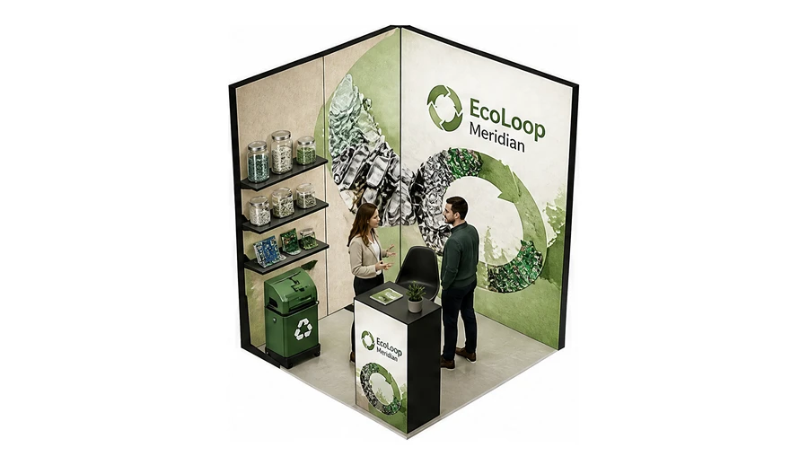 Stoisko 2 × 2 m narożne lewe dla branży recykling i ochrona środowiska, przykładowa marka EcoLoop Meridian