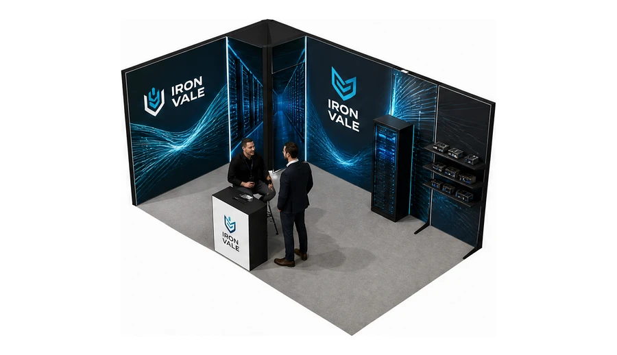 Stoisko 5 × 3 m narożne lewe dla branży infrastruktura IT i data center, przykładowa marka Iron Vale