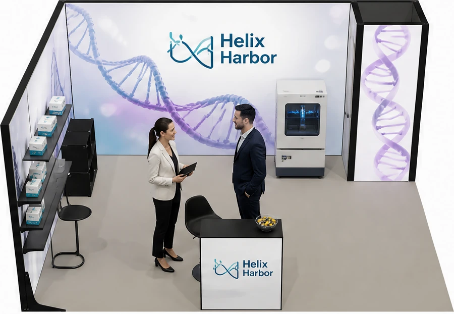 Stoisko 5 × 4 m narożne lewe dla branży farmacja i biotechnologia, przykładowa marka Helix Harbor