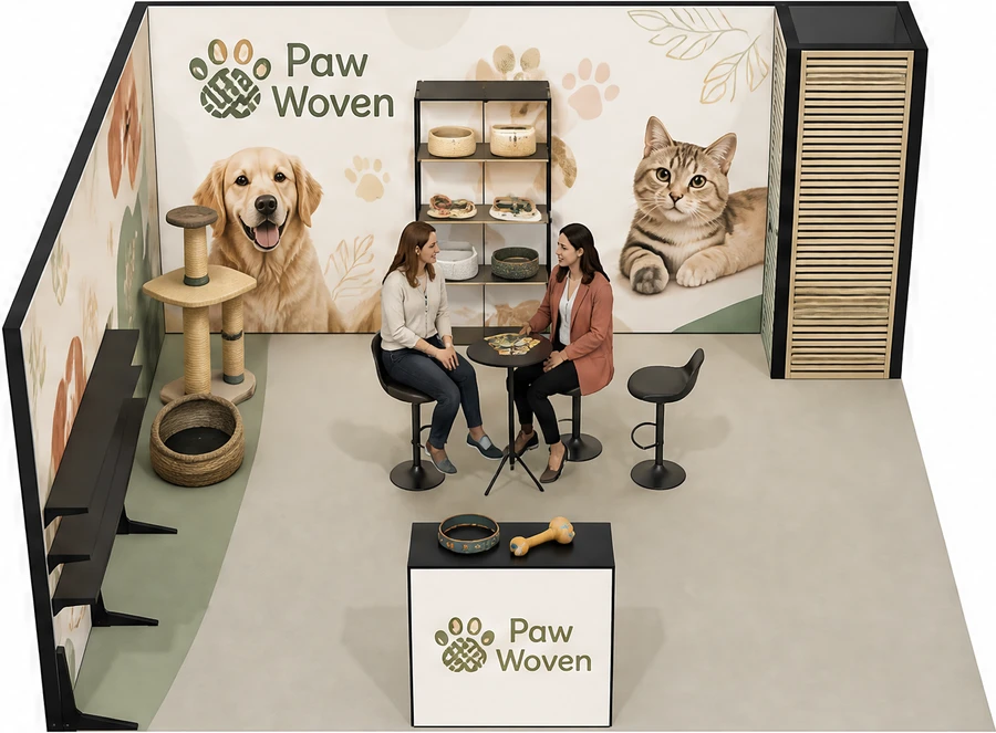 Stoisko 5 × 5 m narożne lewe dla branży akcesoria dla zwierząt, przykładowa marka Paw Woven