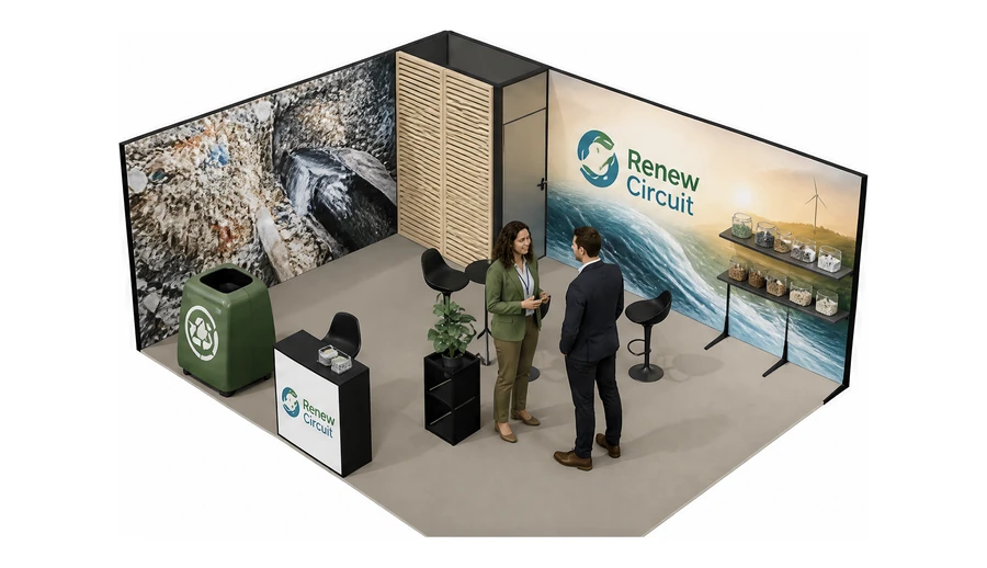 Stoisko 6 × 5 m narożne lewe dla branży recykling i ochrona środowiska, przykładowa marka Renew Circuit