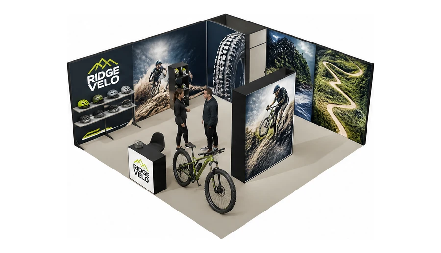 Stoisko 6 × 6 m narożne lewe dla branży sprzęt sportowy, przykładowa marka Ridge Velo