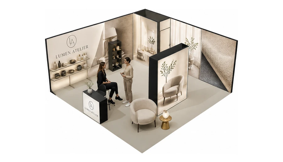 Stoisko 6 × 6 m narożne lewe dla branży meble designerskie, przykładowa marka Lumen Atelier