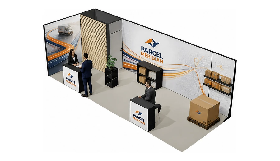 Stoisko 8 × 3 m narożne lewe dla branży logistyka i spedycja, przykładowa marka Parcel Meridian