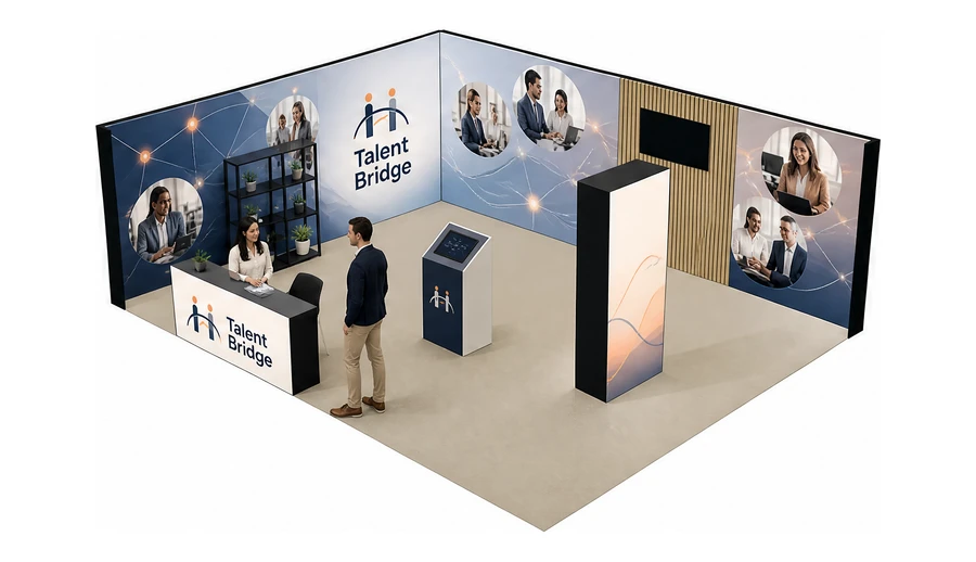 Stoisko 8 × 6 m narożne lewe dla branży HR i rekrutacja, przykładowa marka Talent Bridge