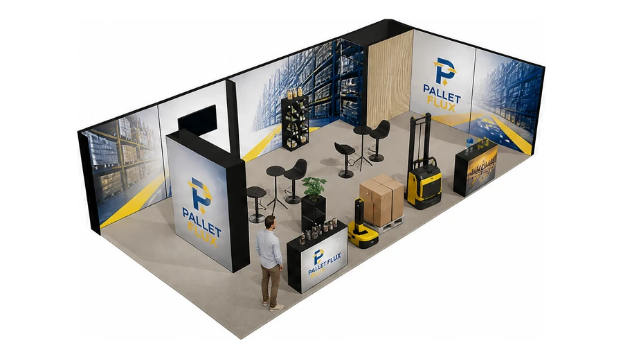 Stoisko 10 × 5 m narożne prawe dla branży intralogistyka i magazyn, przykładowa marka Pallet Flux