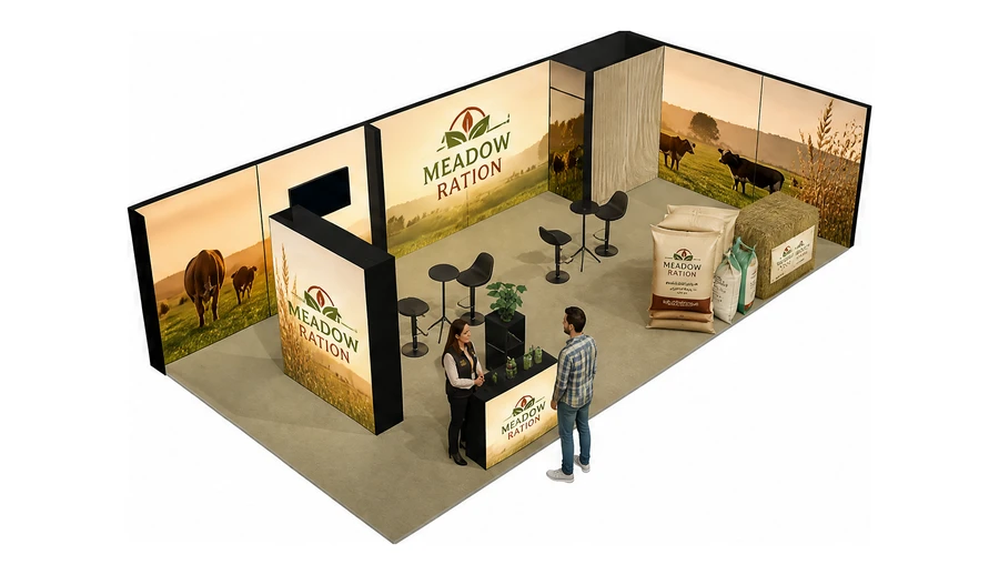 Stoisko 10 × 5 m narożne prawe dla branży hodowla i pasze, przykładowa marka Meadow Ration