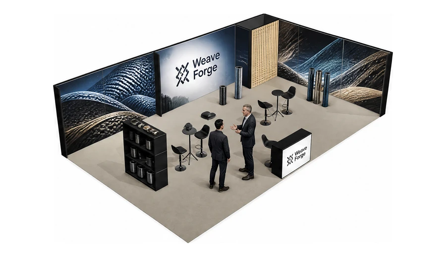 Stoisko 10 × 6 m narożne prawe dla branży materiały kompozytowe, przykładowa marka Weave Forge