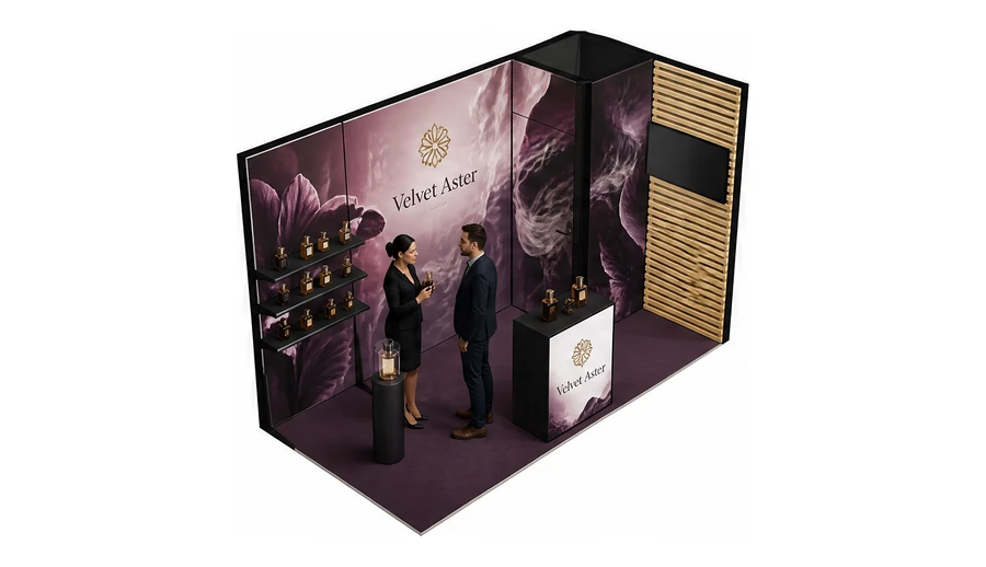 Stoisko 4 × 2 m narożne prawe dla branży perfumy, przykładowa marka Velvet Aster