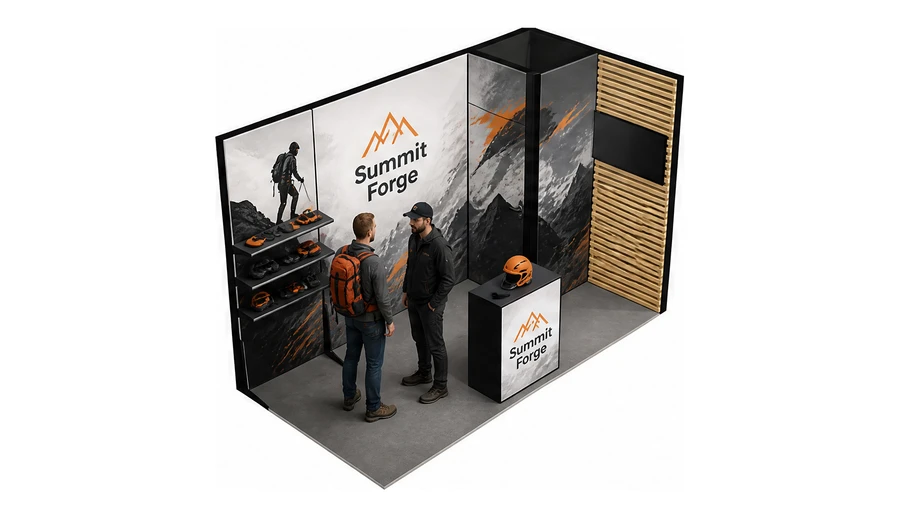 Stoisko 4 × 2 m narożne prawe dla branży sprzęt sportowy, przykładowa marka Summit Forge