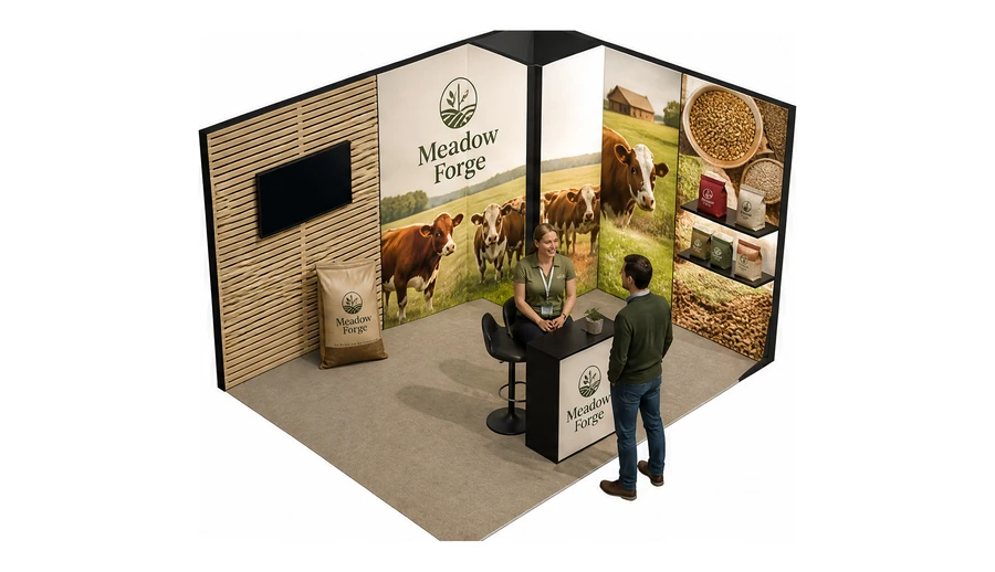 Stoisko 4 × 3 m narożne prawe dla branży hodowla i pasze, przykładowa marka Meadow Forge