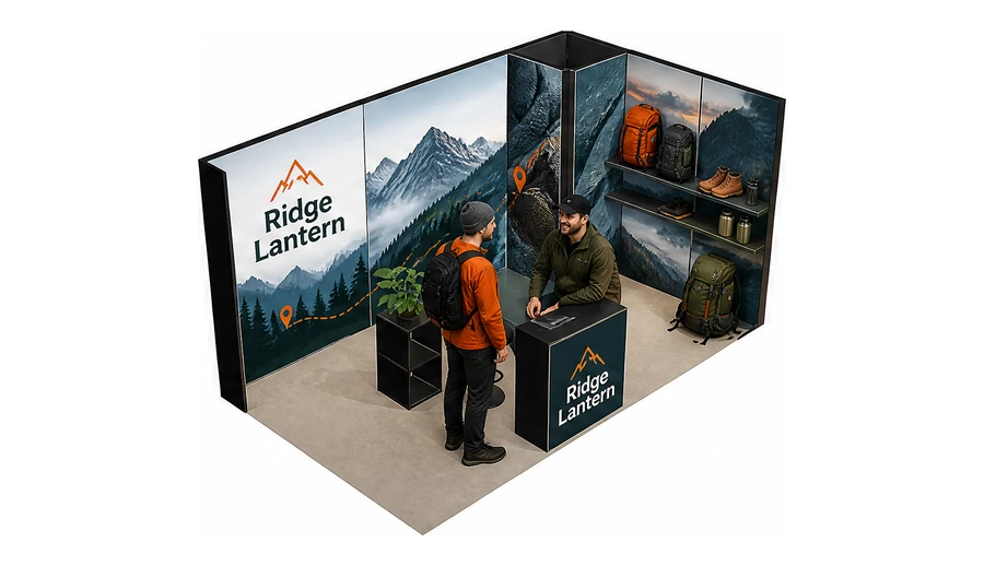 Stoisko 5 × 3 m narożne prawe dla branży odzież i sprzęt outdoorowy, przykładowa marka Ridge Lantern