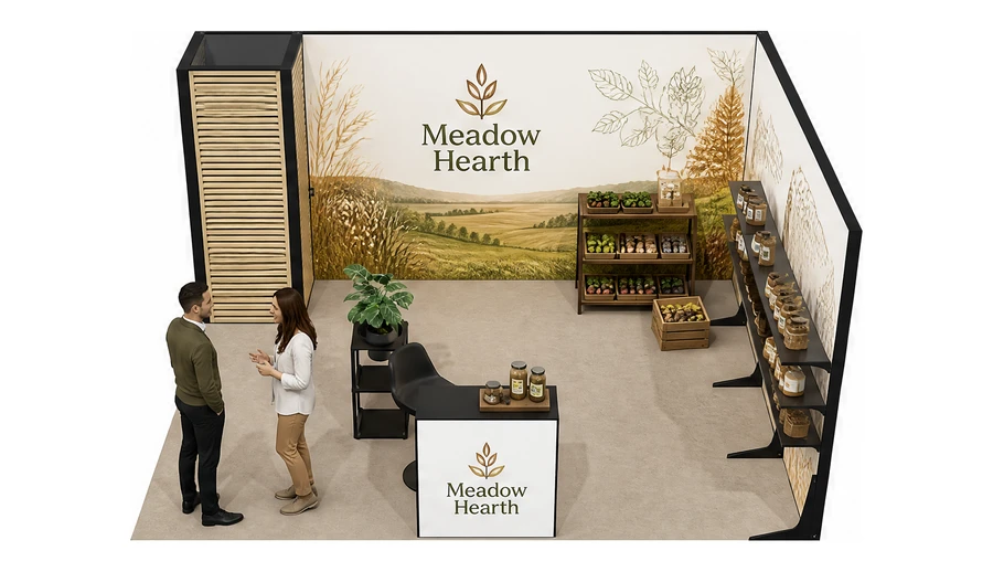 Stoisko 5 × 4 m narożne prawe dla branży żywność ekologiczna, przykładowa marka Meadow Hearth
